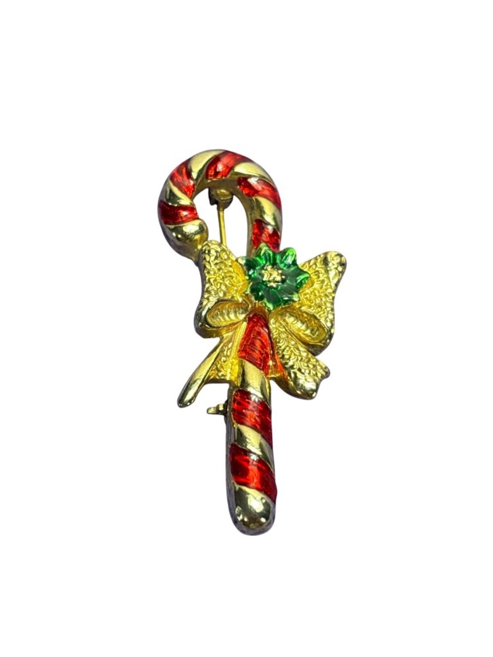 Vintage Candy Cane Brooch Pin Goldtone Textured Bow Red Green Enameled 2 inches
